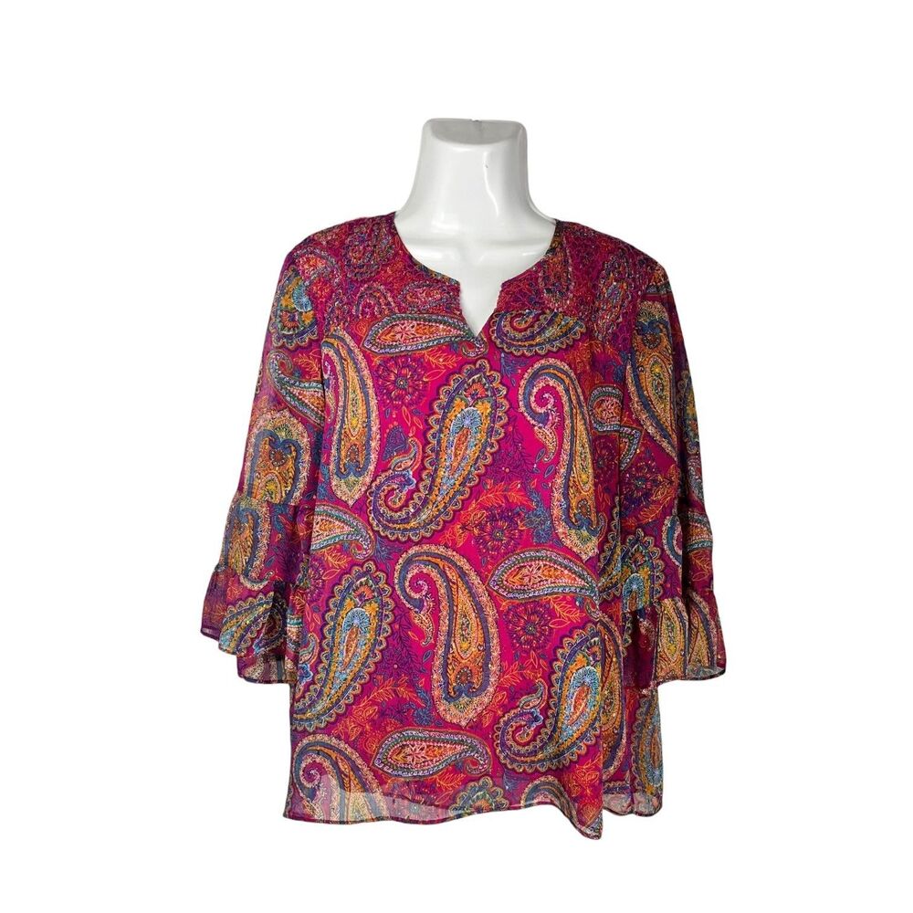 Investments Women Blouse XL Pink Paisley Bell Sleeve Metallic Top Retro Office
